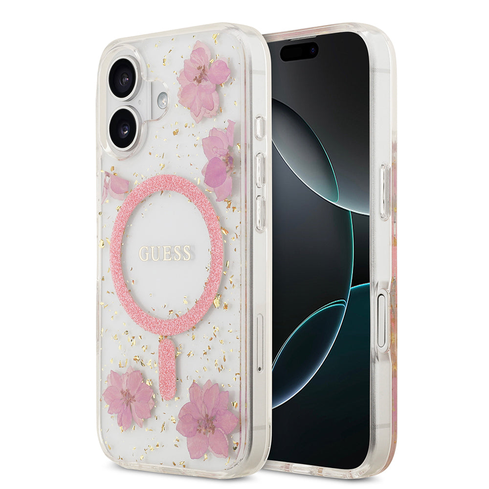Apple iPhone 17 Kılıf Guess Orjinal Lisanslı M-safe Şarj Özellikli Transparan Resin Flowers Kapak Pembe