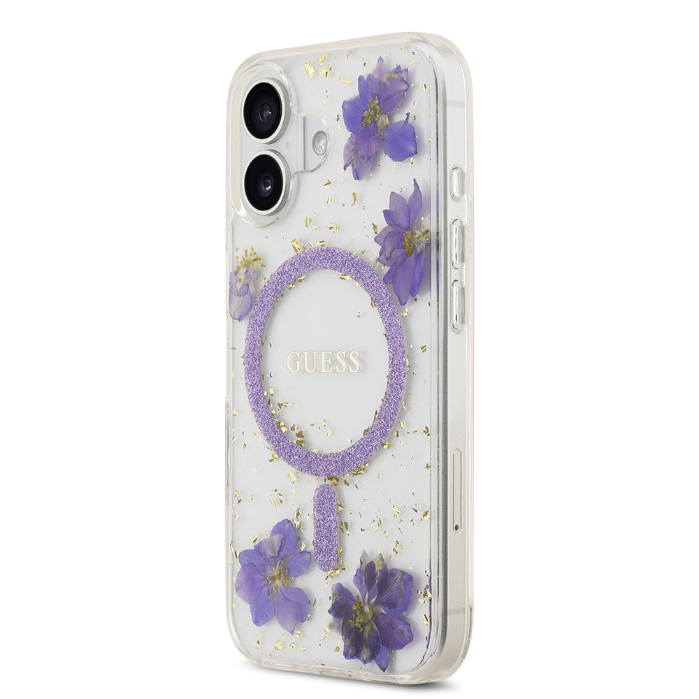 Apple iPhone 17 Kılıf Guess Orjinal Lisanslı M-safe Şarj Özellikli Transparan Resin Flowers Kapak Mor