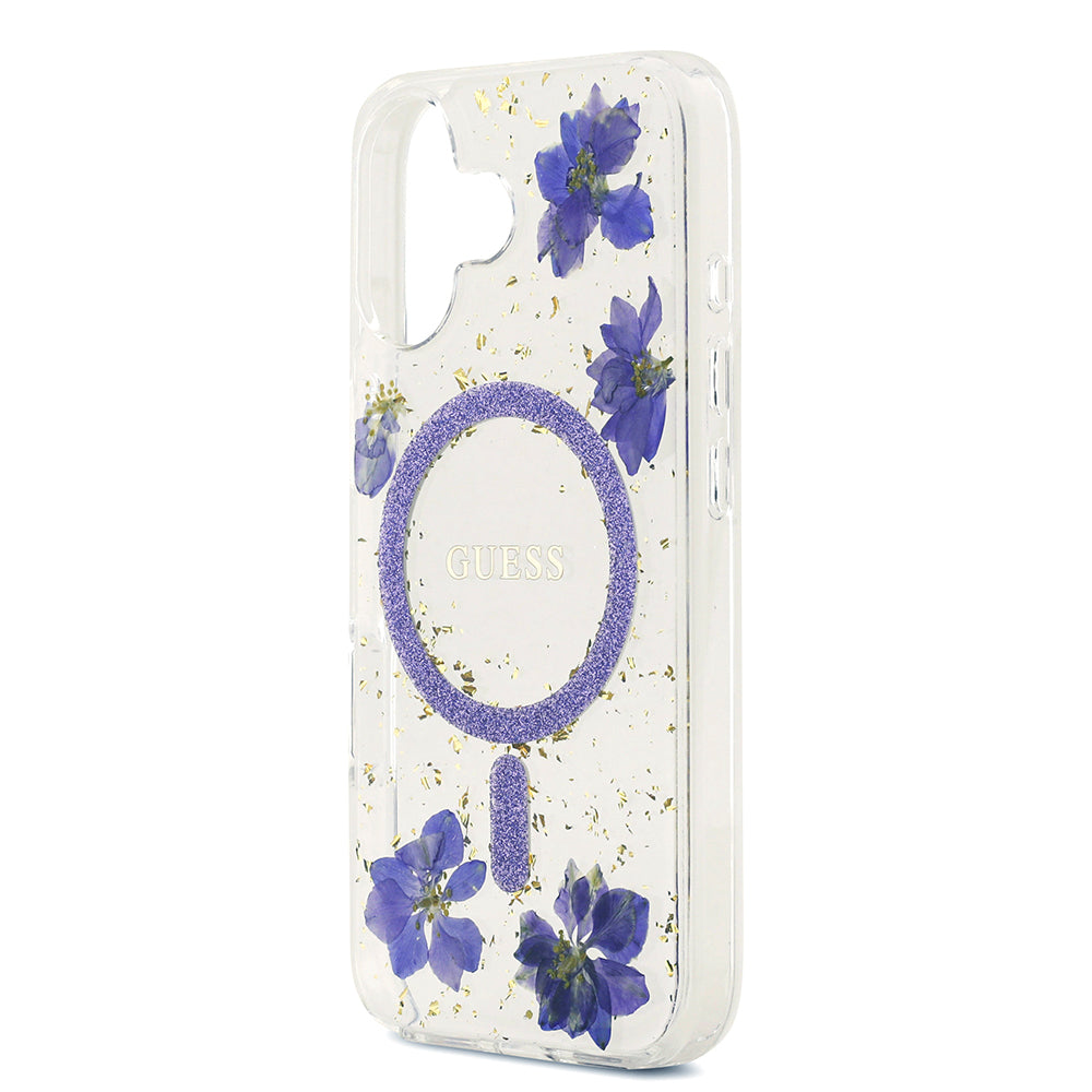 Apple iPhone 17 Kılıf Guess Orjinal Lisanslı M-safe Şarj Özellikli Transparan Resin Flowers Kapak Mor
