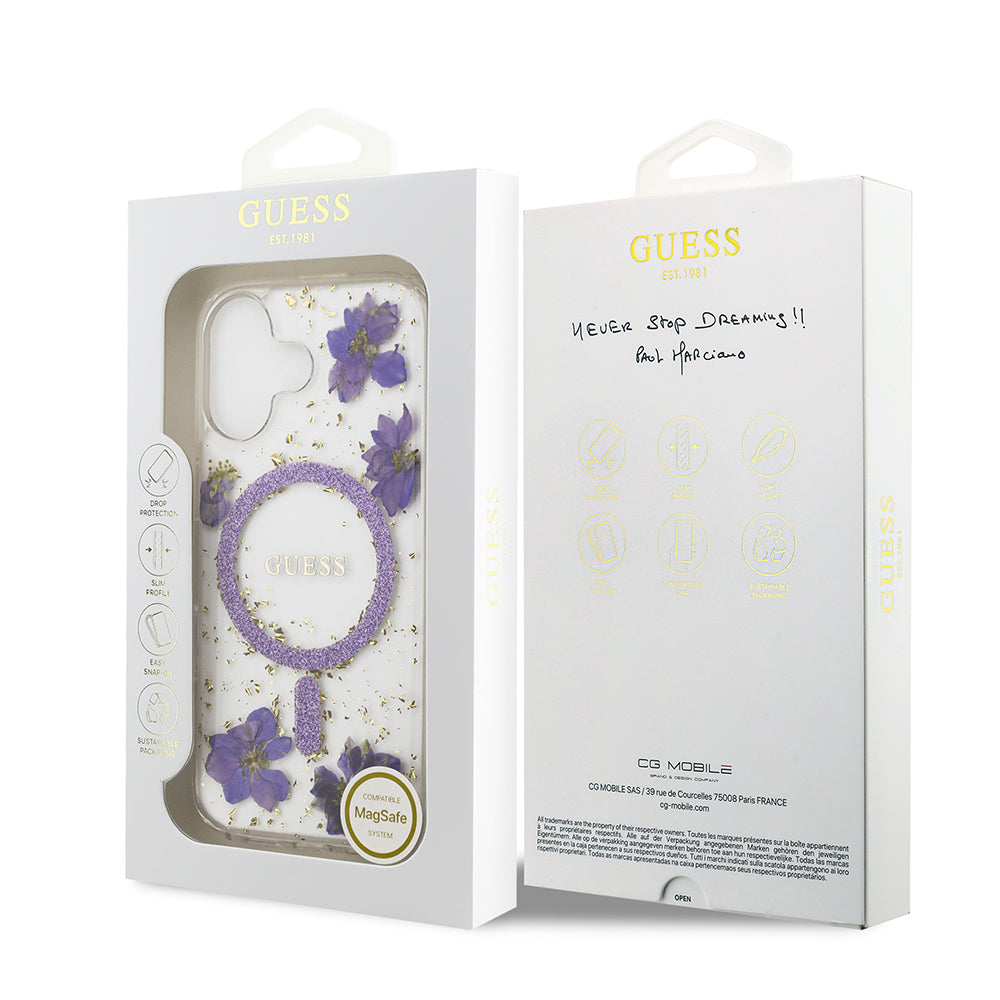 Apple iPhone 17 Kılıf Guess Orjinal Lisanslı M-safe Şarj Özellikli Transparan Resin Flowers Kapak Mor