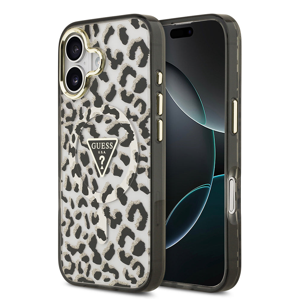 Apple iPhone 17 Kılıf Guess Orjinal Lisanslı M-safe Şarj Özellikli Üçgen Logolu Simli Leopar Desenli Kapak Siyah