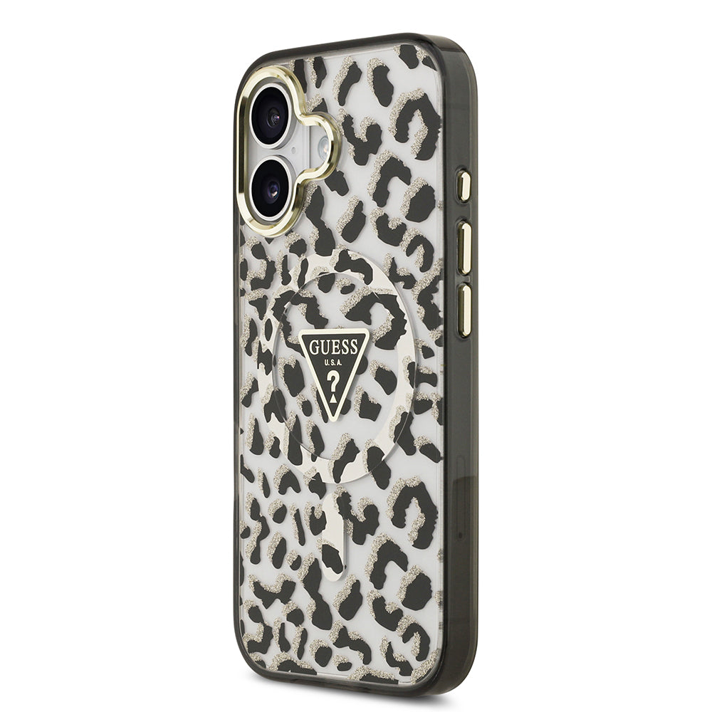 Apple iPhone 17 Kılıf Guess Orjinal Lisanslı M-safe Şarj Özellikli Üçgen Logolu Simli Leopar Desenli Kapak Siyah