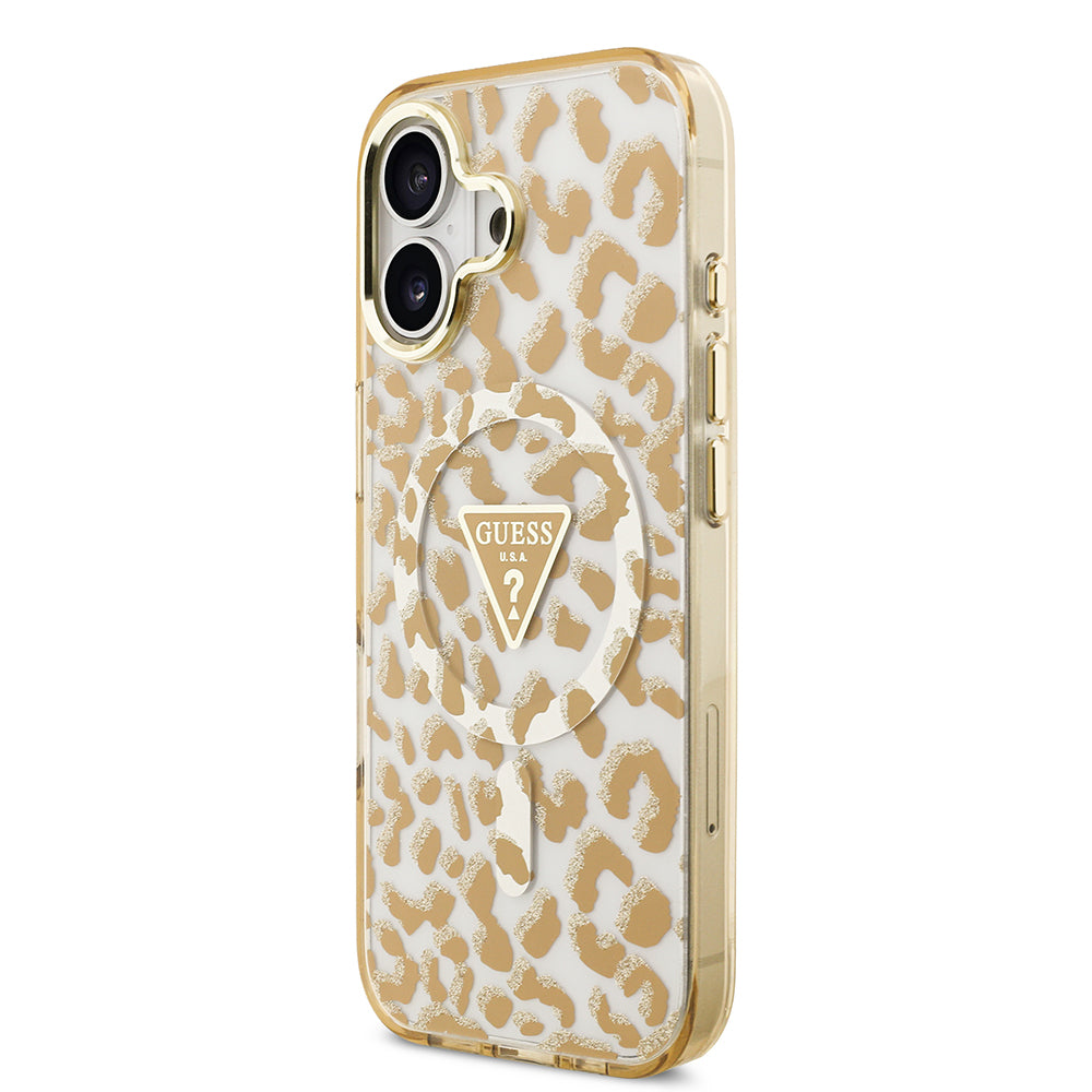 Apple iPhone 17 Kılıf Guess Orjinal Lisanslı M-safe Şarj Özellikli Üçgen Logolu Simli Leopar Desenli Kapak Kahverengi