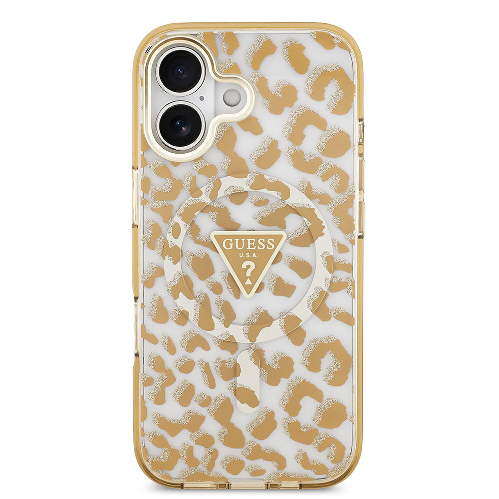 Apple iPhone 17 Kılıf Guess Orjinal Lisanslı M-safe Şarj Özellikli Üçgen Logolu Simli Leopar Desenli Kapak Kahverengi