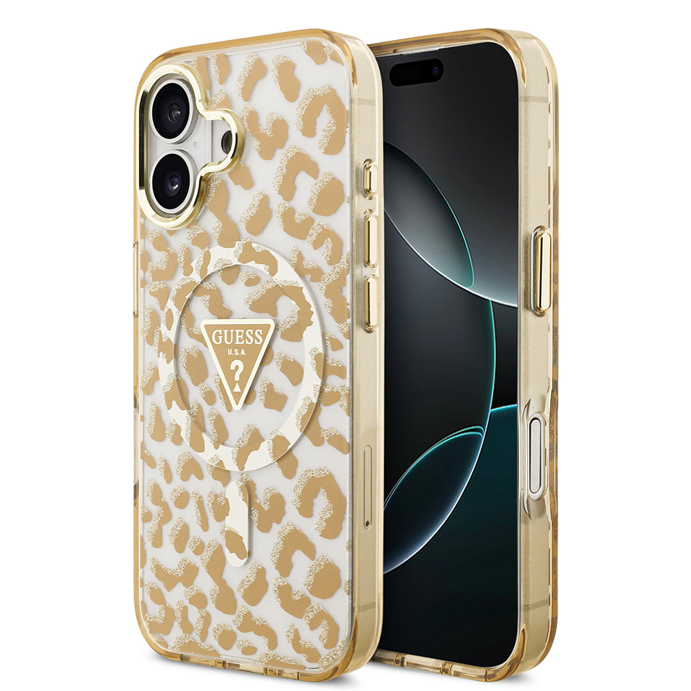 Apple iPhone 17 Kılıf Guess Orjinal Lisanslı M-safe Şarj Özellikli Üçgen Logolu Simli Leopar Desenli Kapak Kahverengi