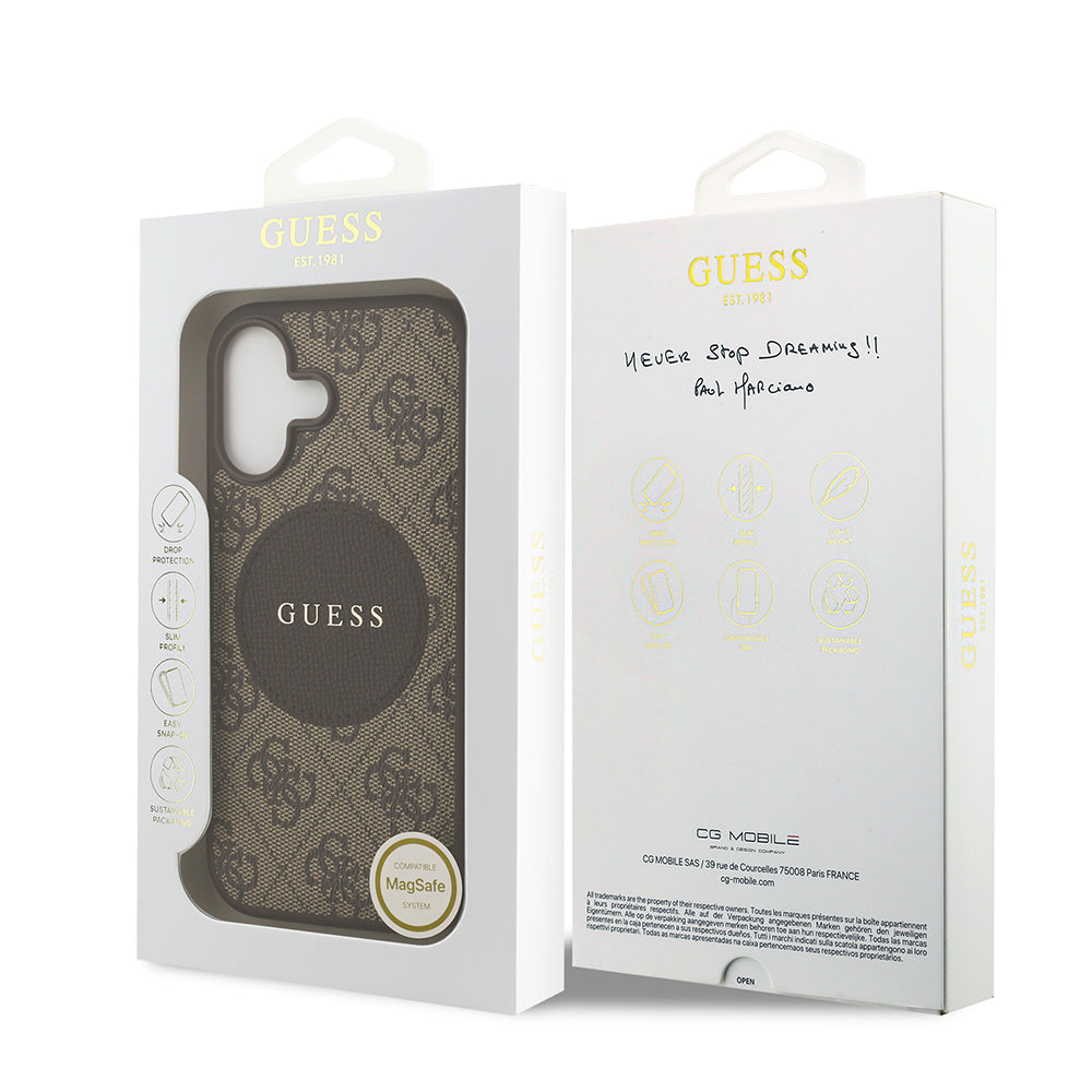 Apple iPhone 17 Kılıf Guess Orjinal Lisanslı M-safe Şarj Özellikli Yazı Logolu Circle Classic Kapak Kahverengi
