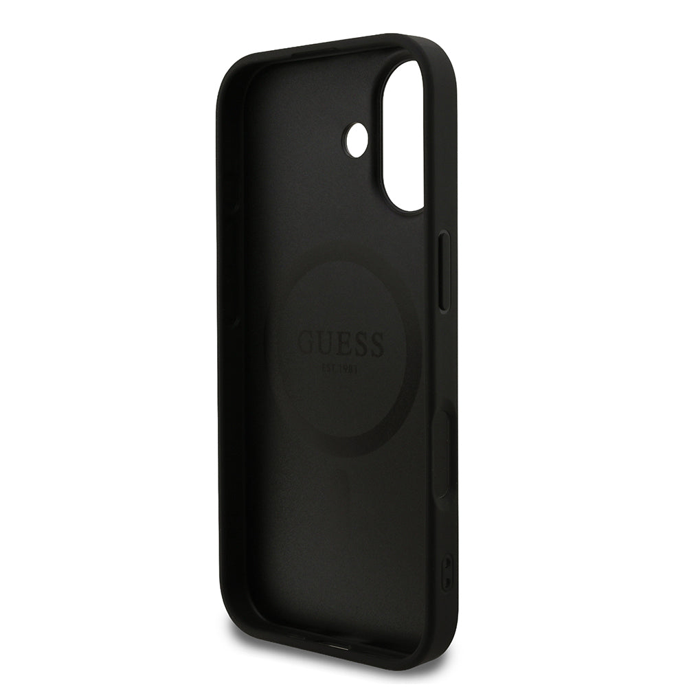 Apple iPhone 17 Kılıf Guess Orjinal Lisanslı M-safe Şarj Özellikli Yazı Logolu PU Deri Kapak Siyah