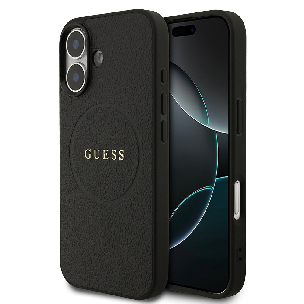 Apple iPhone 17 Kılıf Guess Orjinal Lisanslı M-safe Şarj Özellikli Yazı Logolu PU Deri Kapak Siyah