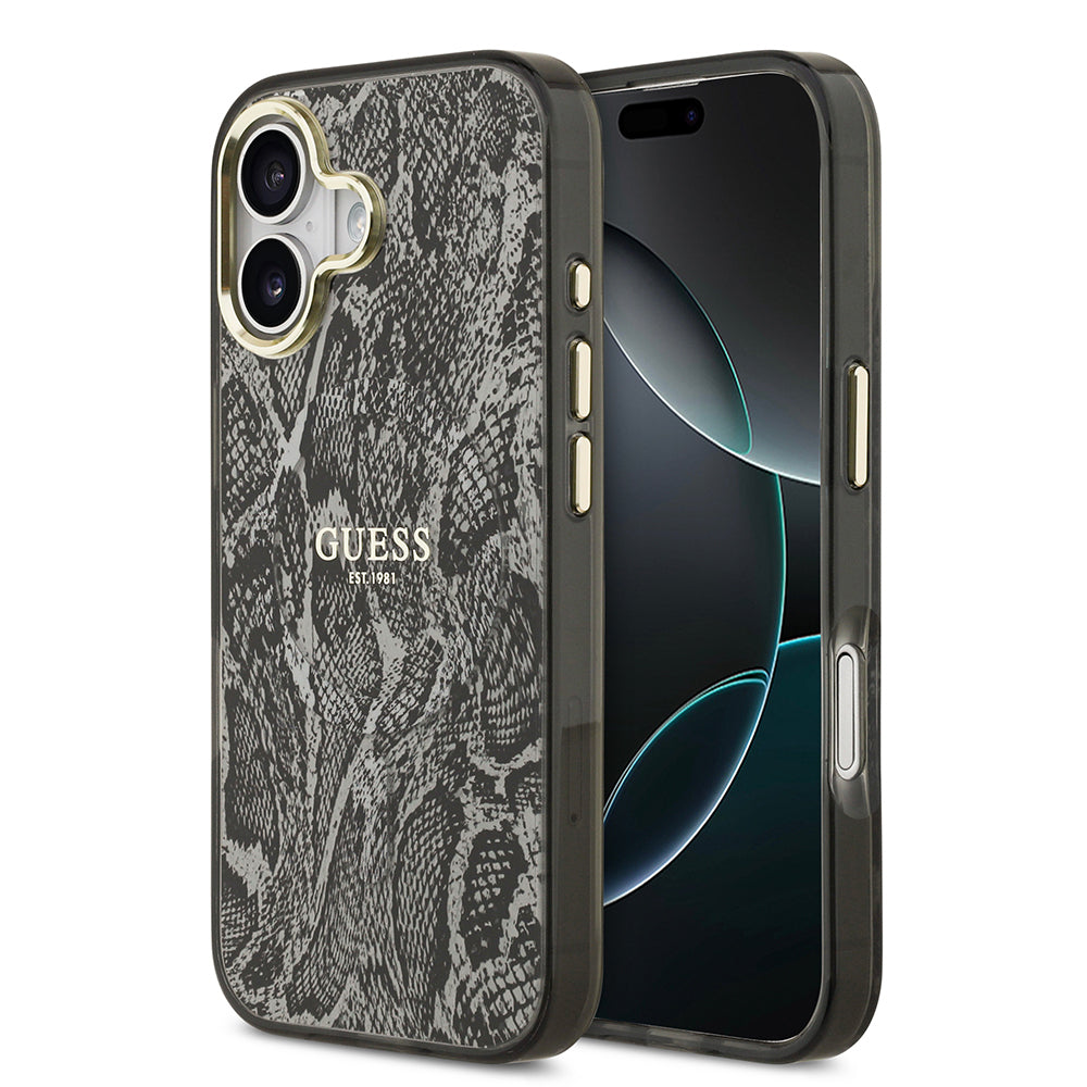 Apple iPhone 17 Kılıf Guess Orjinal Lisanslı M-safe Şarj Özellikli Yazı Logolu Python Desenli Kapak Siyah