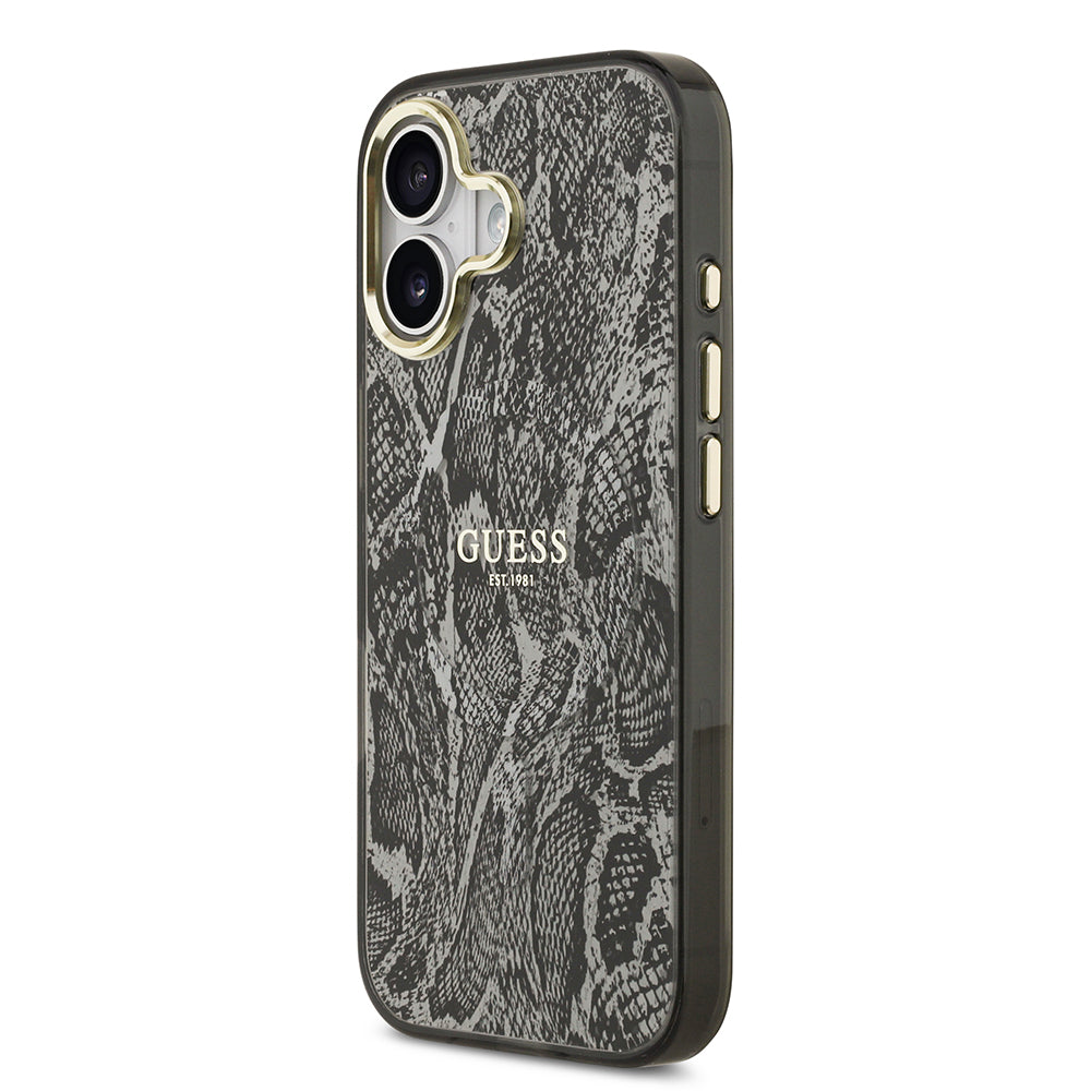 Apple iPhone 17 Kılıf Guess Orjinal Lisanslı M-safe Şarj Özellikli Yazı Logolu Python Desenli Kapak Siyah