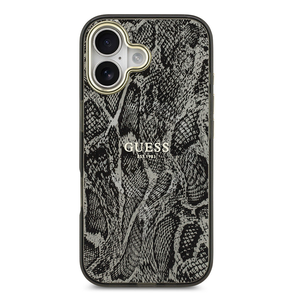 Apple iPhone 17 Kılıf Guess Orjinal Lisanslı M-safe Şarj Özellikli Yazı Logolu Python Desenli Kapak Siyah