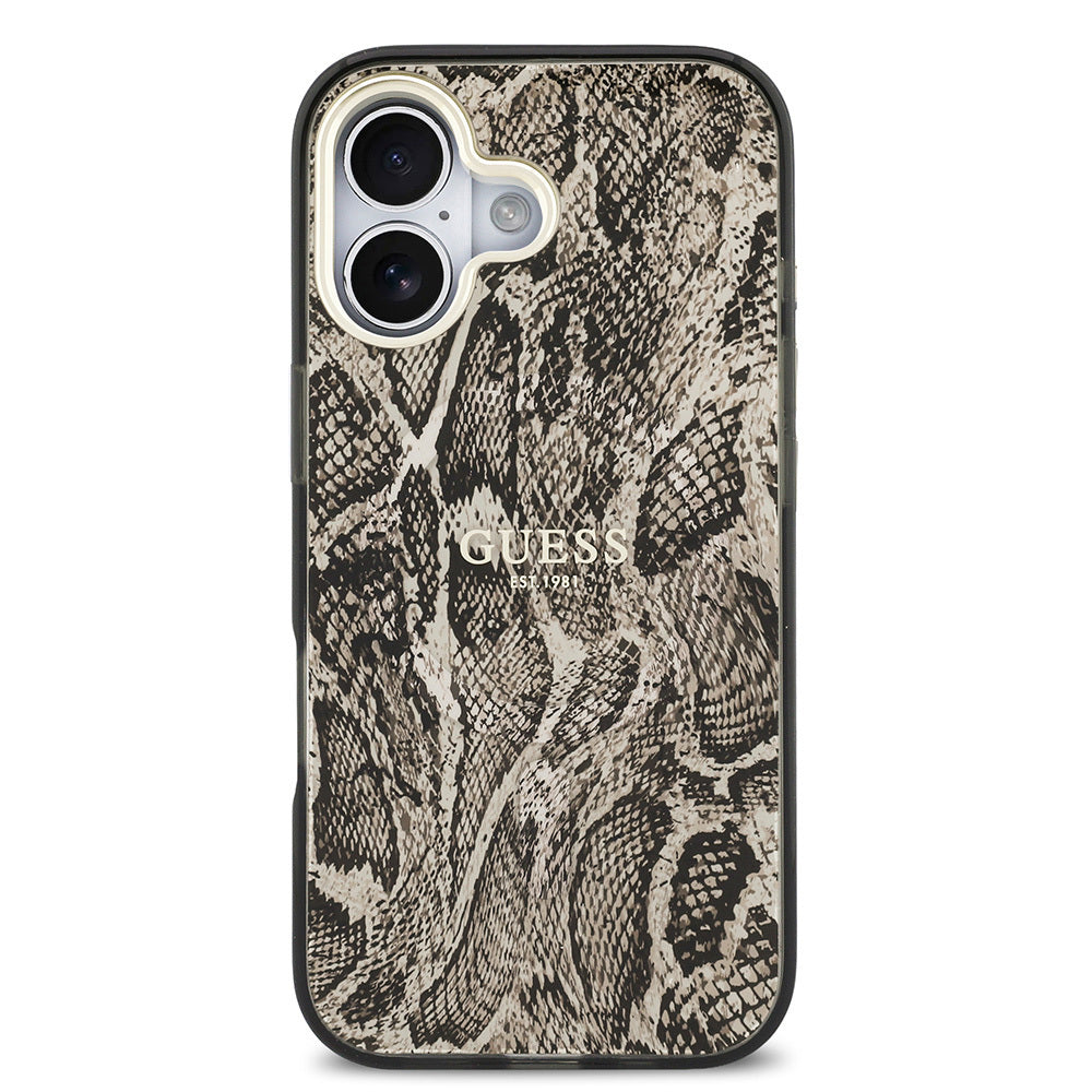 Apple iPhone 17 Kılıf Guess Orjinal Lisanslı M-safe Şarj Özellikli Yazı Logolu Python Desenli Kapak Kahverengi