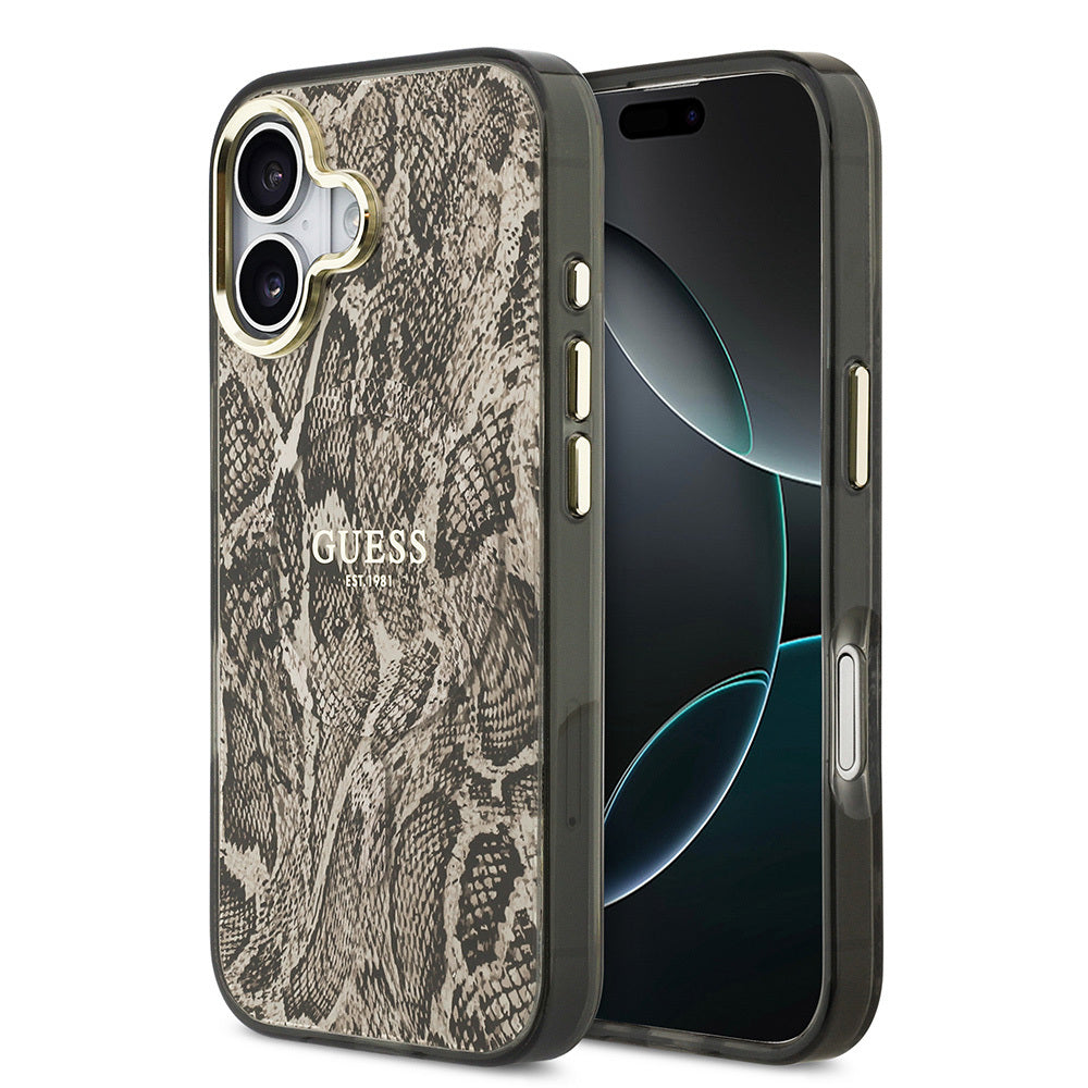 Apple iPhone 17 Kılıf Guess Orjinal Lisanslı M-safe Şarj Özellikli Yazı Logolu Python Desenli Kapak Kahverengi
