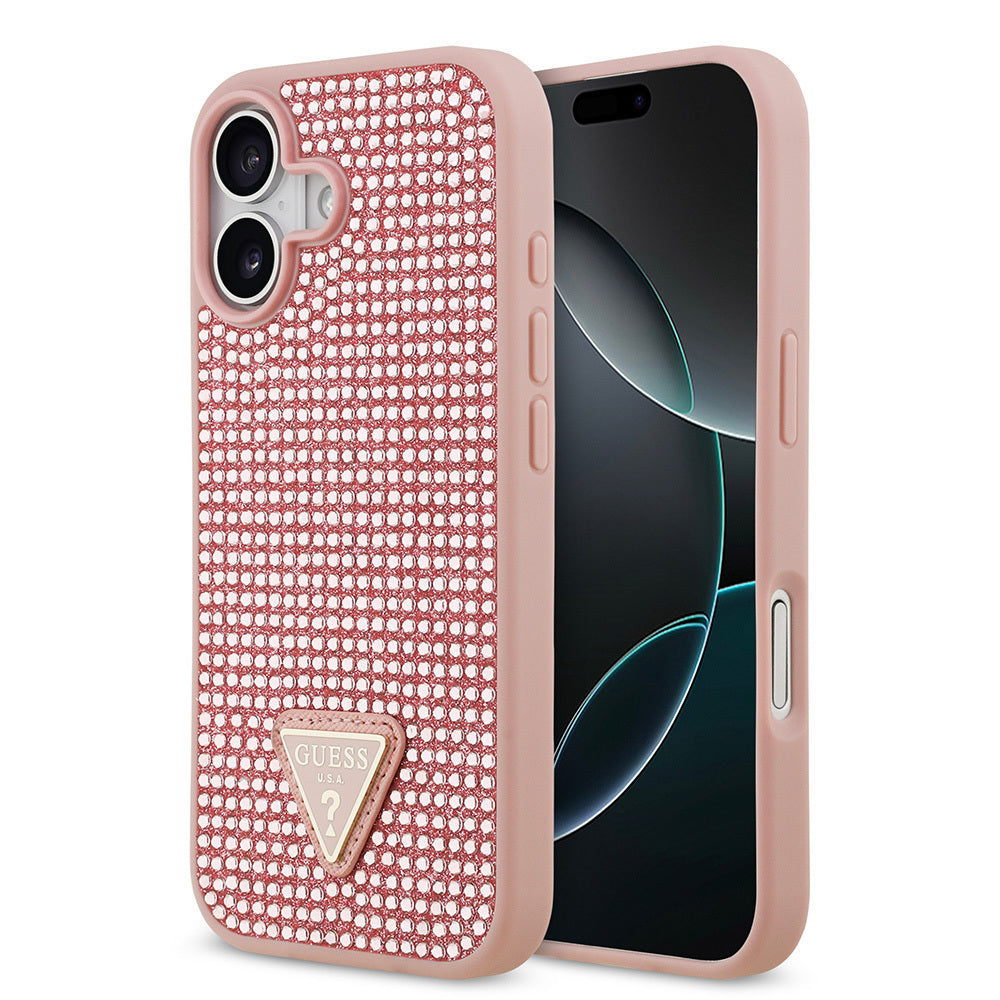 Apple iPhone 17 Kılıf Guess Orjinal Lisanslı Taşlı Arka Yüzey Üçgen Logolu Kapak Pembe