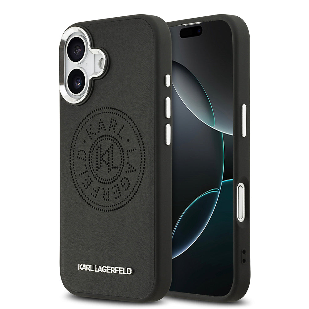 Apple iPhone 17 Kılıf Karl Lagerfeld Orjinal Lisanslı M-safe Şarj Özellikli Delikli Tasarım Metal Logolu PU Deri Kapak Siyah