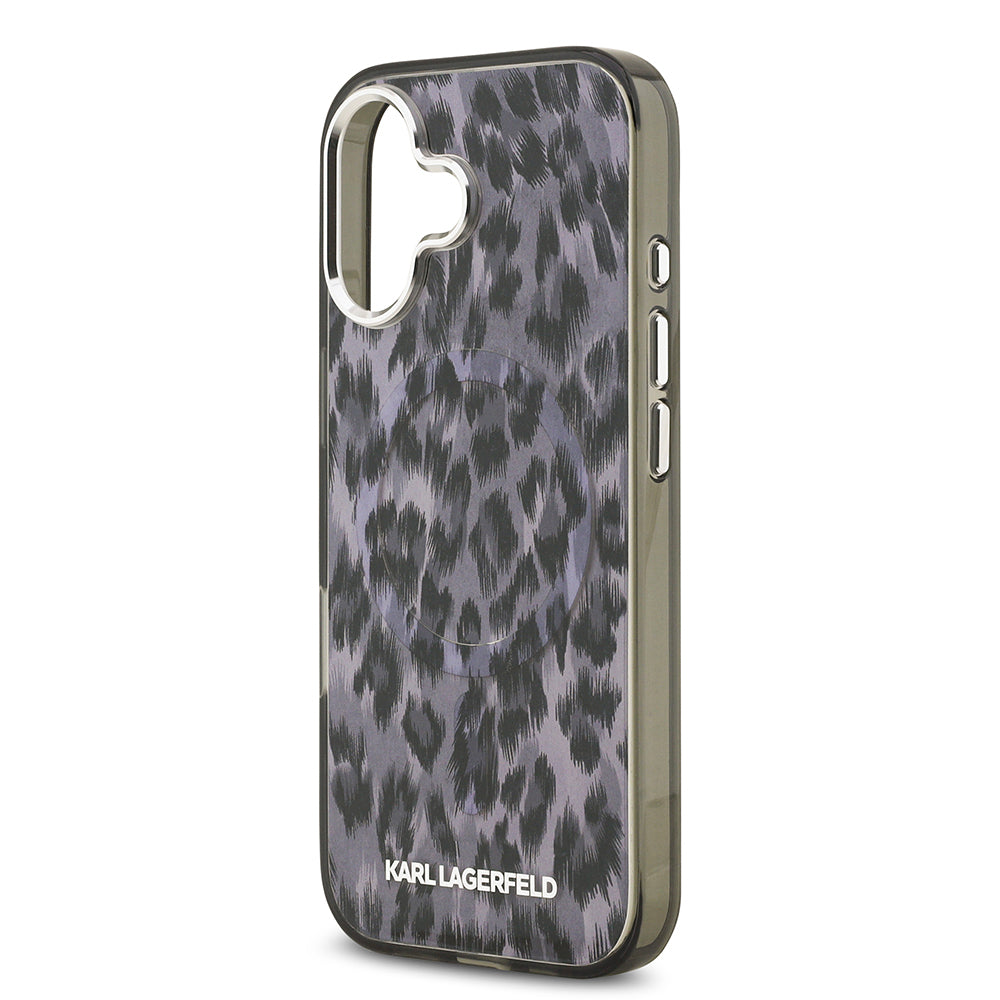 Apple iPhone 17 Kılıf Karl Lagerfeld Orjinal Lisanslı M-safe Şarj Özellikli IML Leopar Baskılı Kapak Siyah