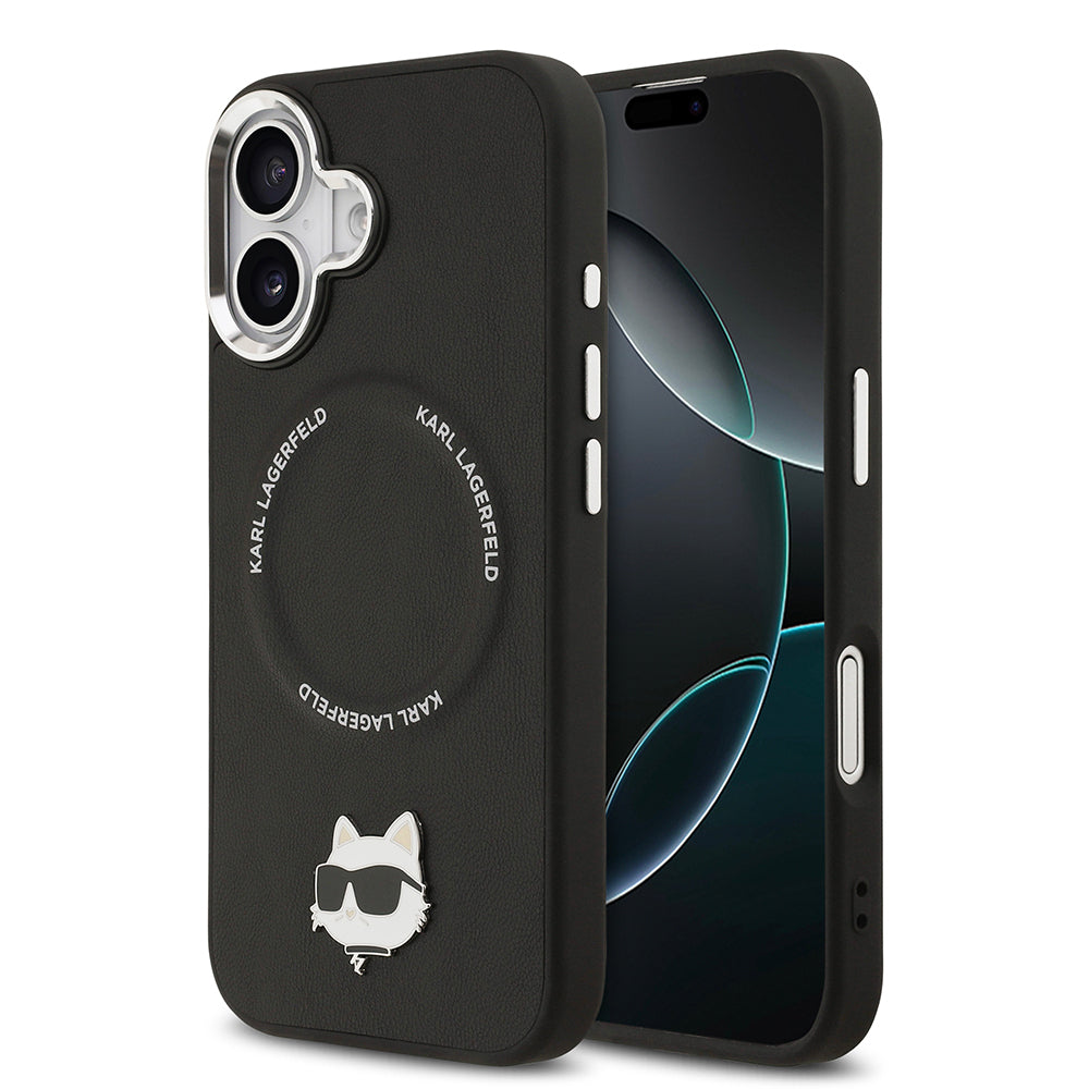 Apple iPhone 17 Kılıf Karl Lagerfeld Orjinal Lisanslı M-safe Şarj Özellikli Metal Kamera ve Buton Tasarımlı Choupette PU Deri Kapak Siyah