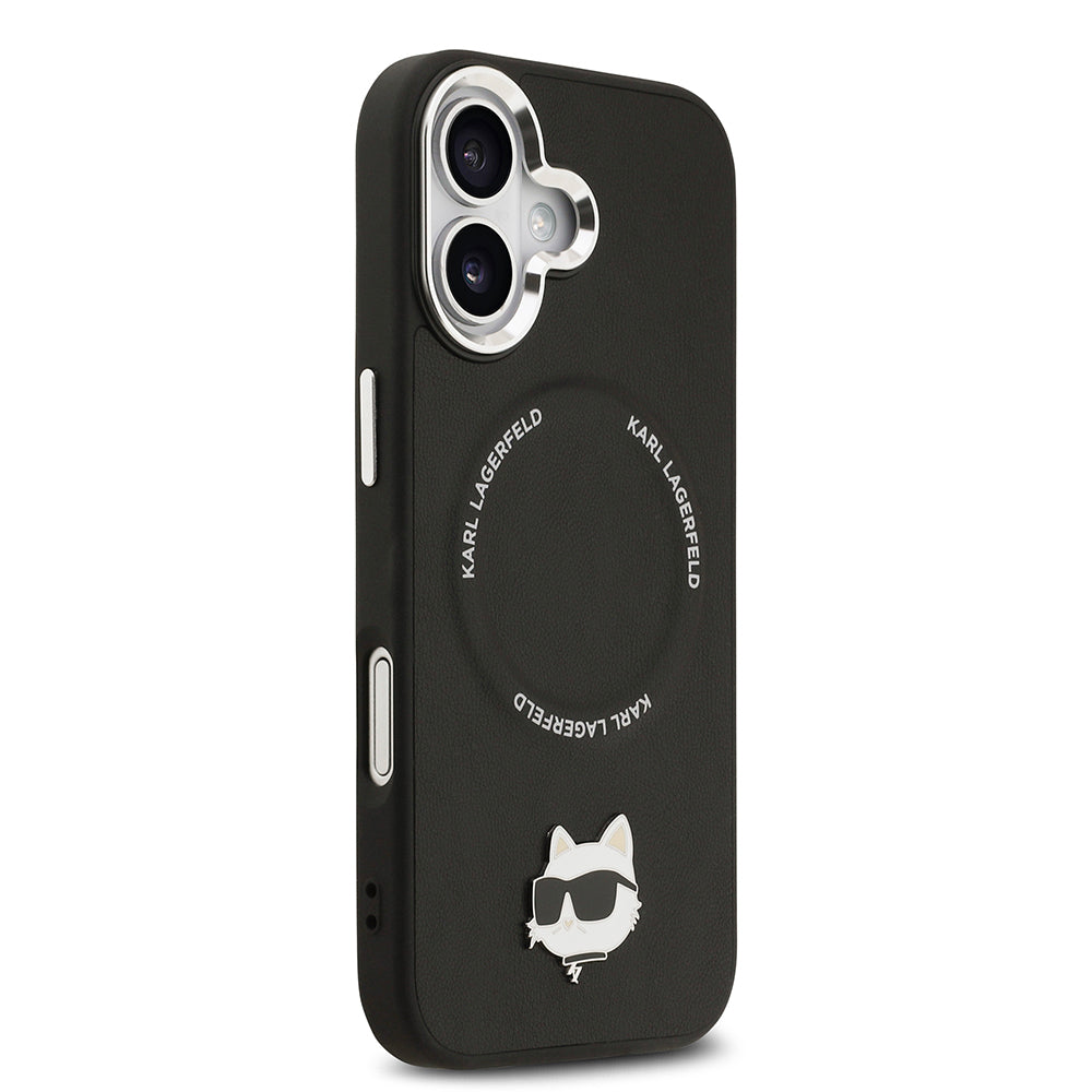 Apple iPhone 17 Kılıf Karl Lagerfeld Orjinal Lisanslı M-safe Şarj Özellikli Metal Kamera ve Buton Tasarımlı Choupette PU Deri Kapak Siyah