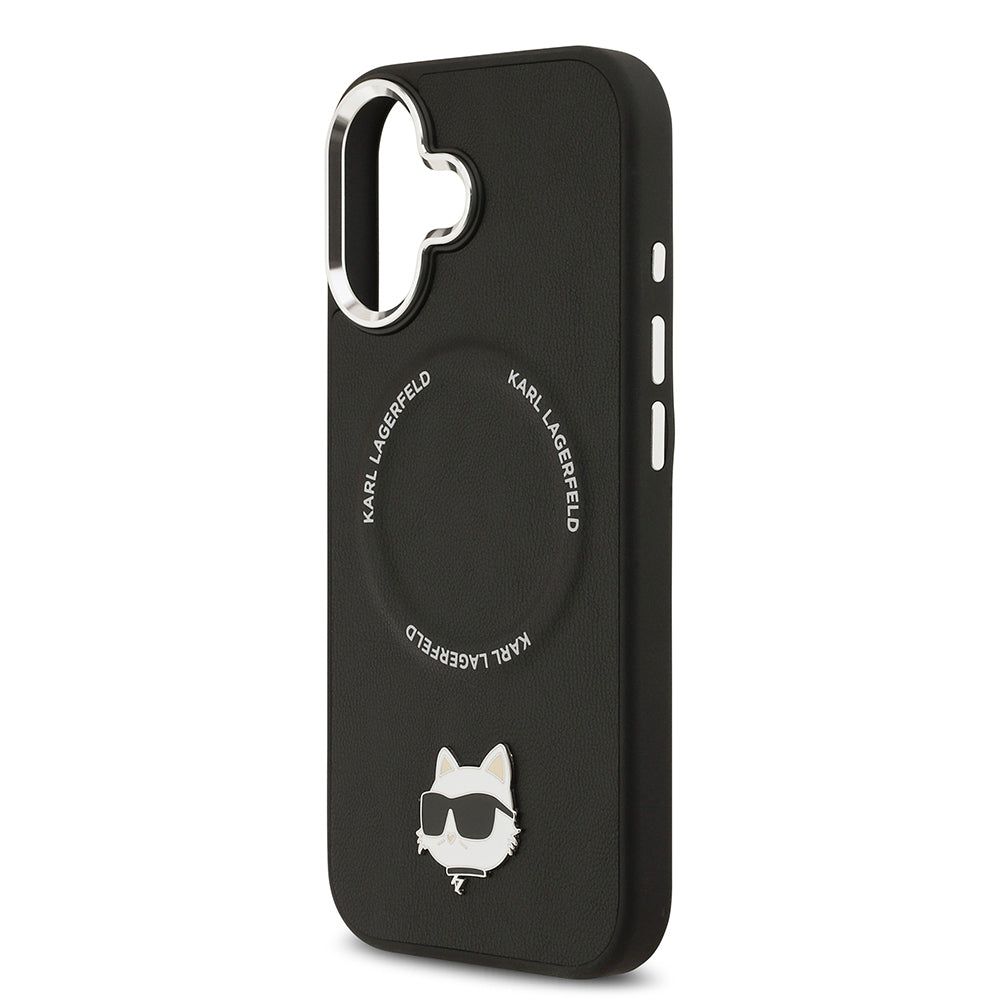 Apple iPhone 17 Kılıf Karl Lagerfeld Orjinal Lisanslı M-safe Şarj Özellikli Metal Kamera ve Buton Tasarımlı Choupette PU Deri Kapak Siyah
