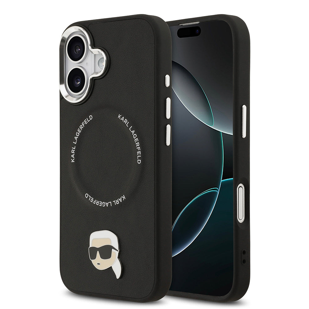 Apple iPhone 17 Kılıf Karl Lagerfeld Orjinal Lisanslı M-safe Şarj Özellikli Metal Kamera ve Buton Tasarımlı Karl PU Deri Kapak Siyah