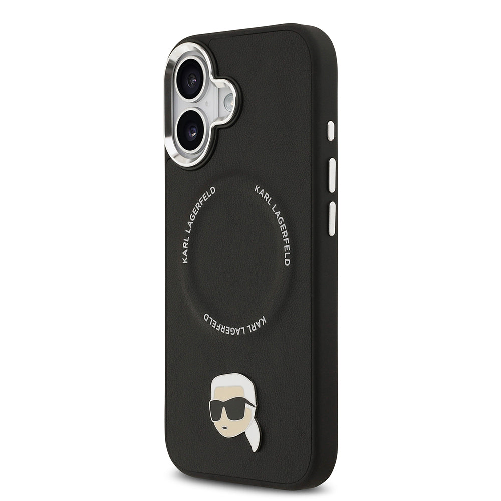 Apple iPhone 17 Kılıf Karl Lagerfeld Orjinal Lisanslı M-safe Şarj Özellikli Metal Kamera ve Buton Tasarımlı Karl PU Deri Kapak Siyah