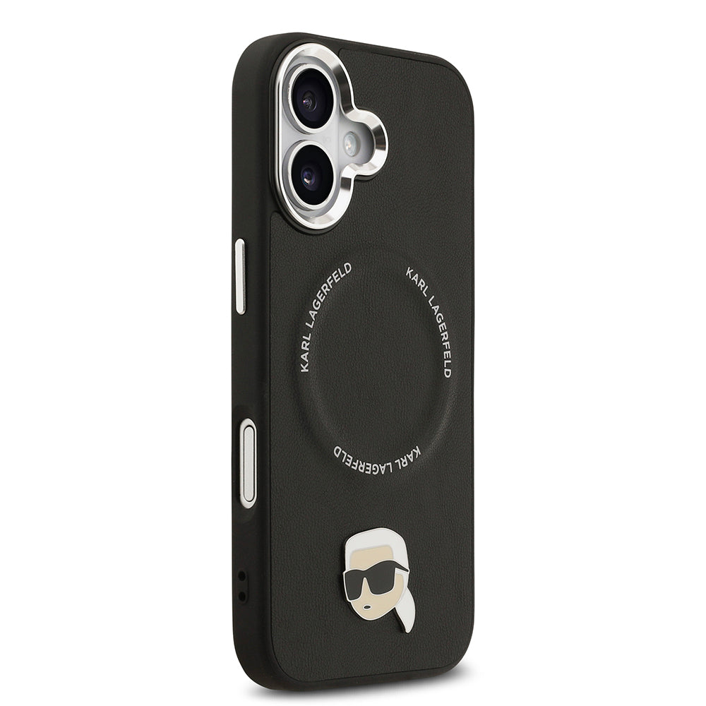 Apple iPhone 17 Kılıf Karl Lagerfeld Orjinal Lisanslı M-safe Şarj Özellikli Metal Kamera ve Buton Tasarımlı Karl PU Deri Kapak Siyah