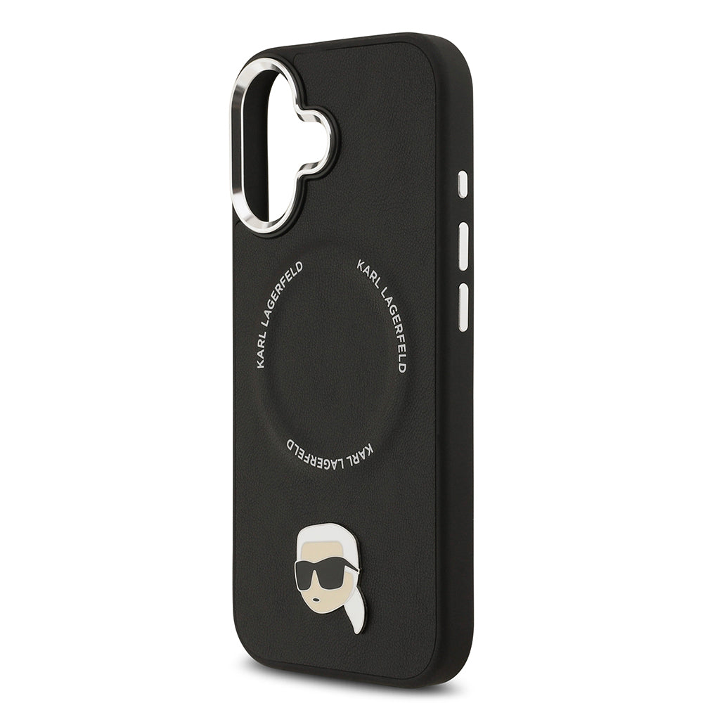 Apple iPhone 17 Kılıf Karl Lagerfeld Orjinal Lisanslı M-safe Şarj Özellikli Metal Kamera ve Buton Tasarımlı Karl PU Deri Kapak Siyah