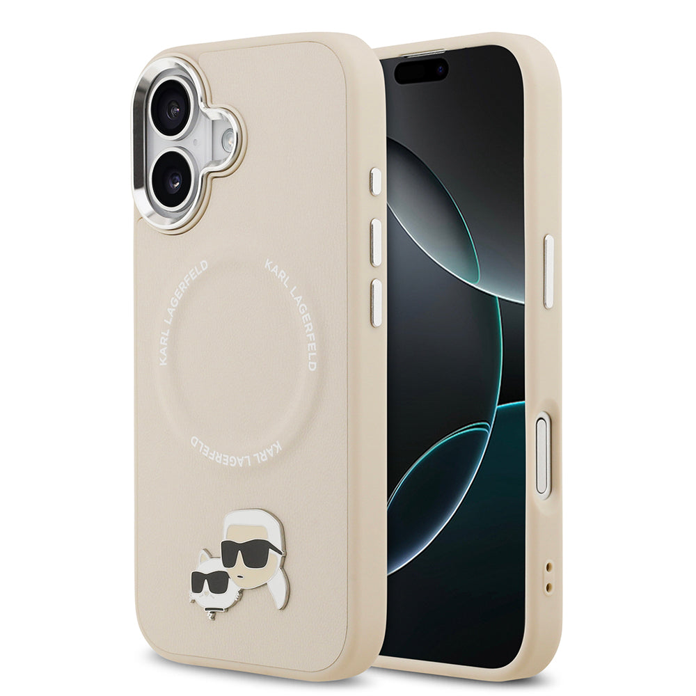 Apple iPhone 17 Kılıf Karl Lagerfeld Orjinal Lisanslı M-safe Şarj Özellikli Metal Kamera ve Buton Tasarımlı K&C PU Deri Kapak Bej