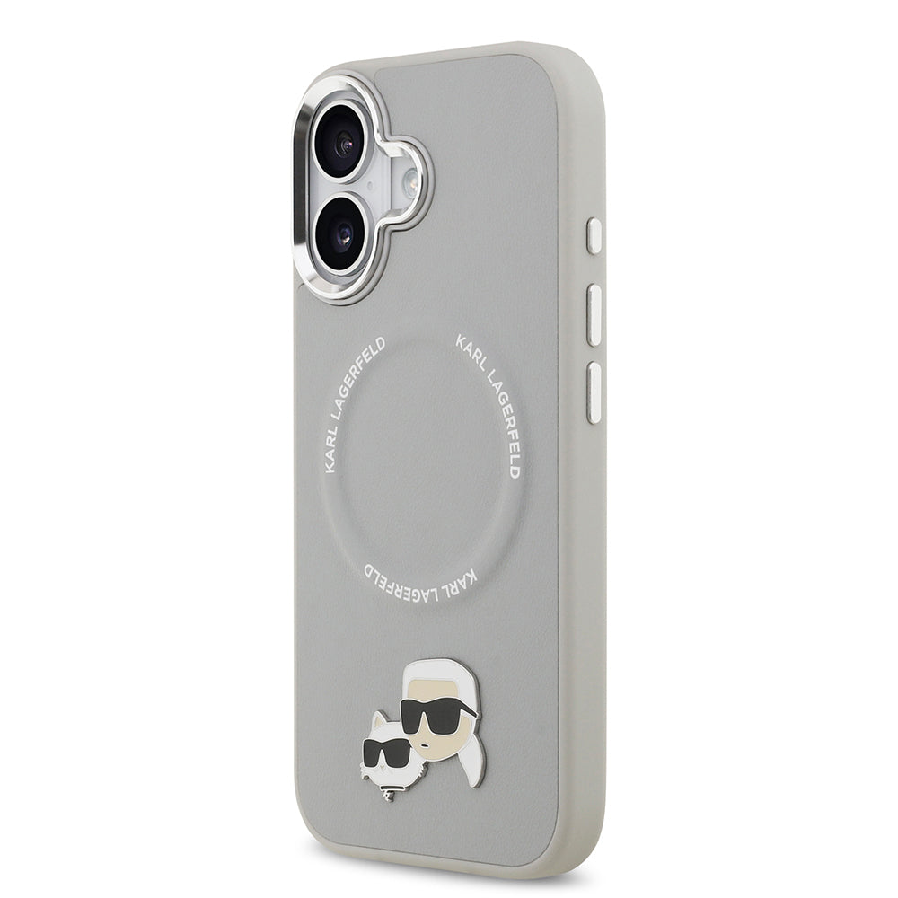 Apple iPhone 17 Kılıf Karl Lagerfeld Orjinal Lisanslı M-safe Şarj Özellikli Metal Kamera ve Buton Tasarımlı K&C PU Deri Kapak Gri