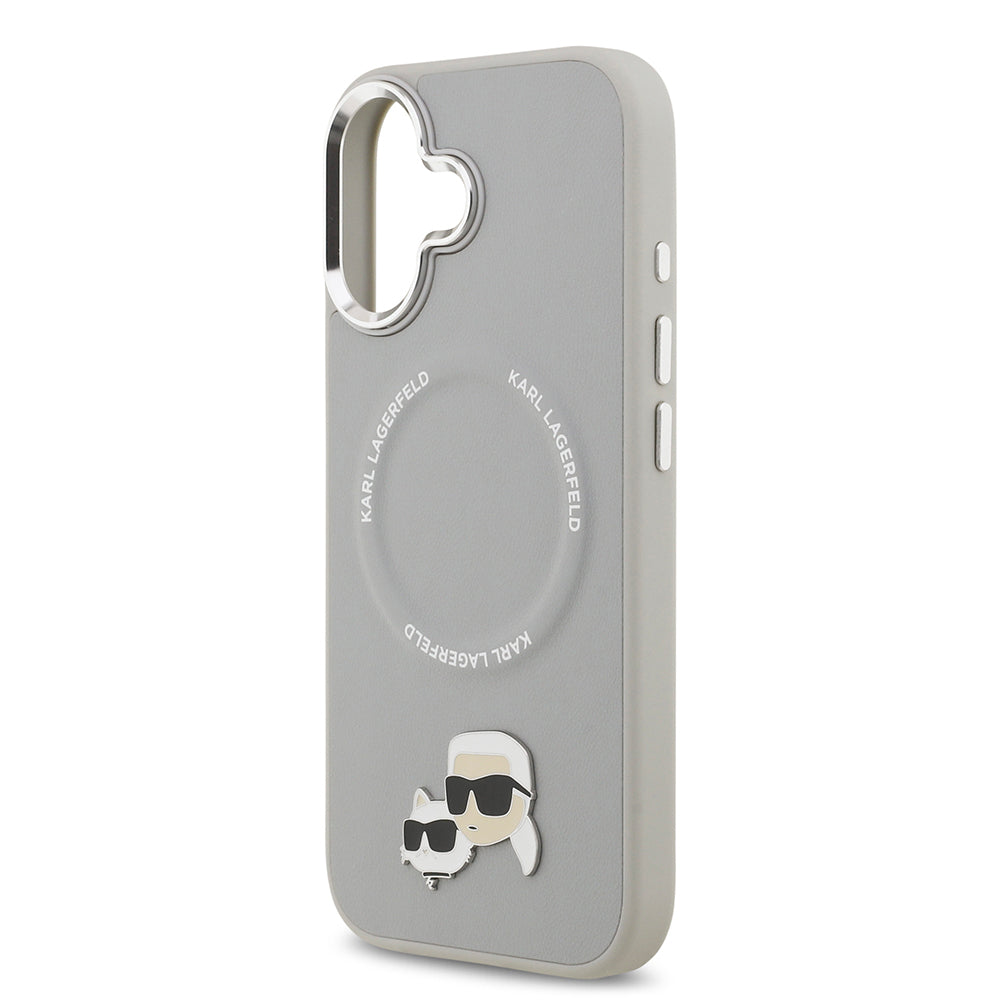 Apple iPhone 17 Kılıf Karl Lagerfeld Orjinal Lisanslı M-safe Şarj Özellikli Metal Kamera ve Buton Tasarımlı K&C PU Deri Kapak Gri