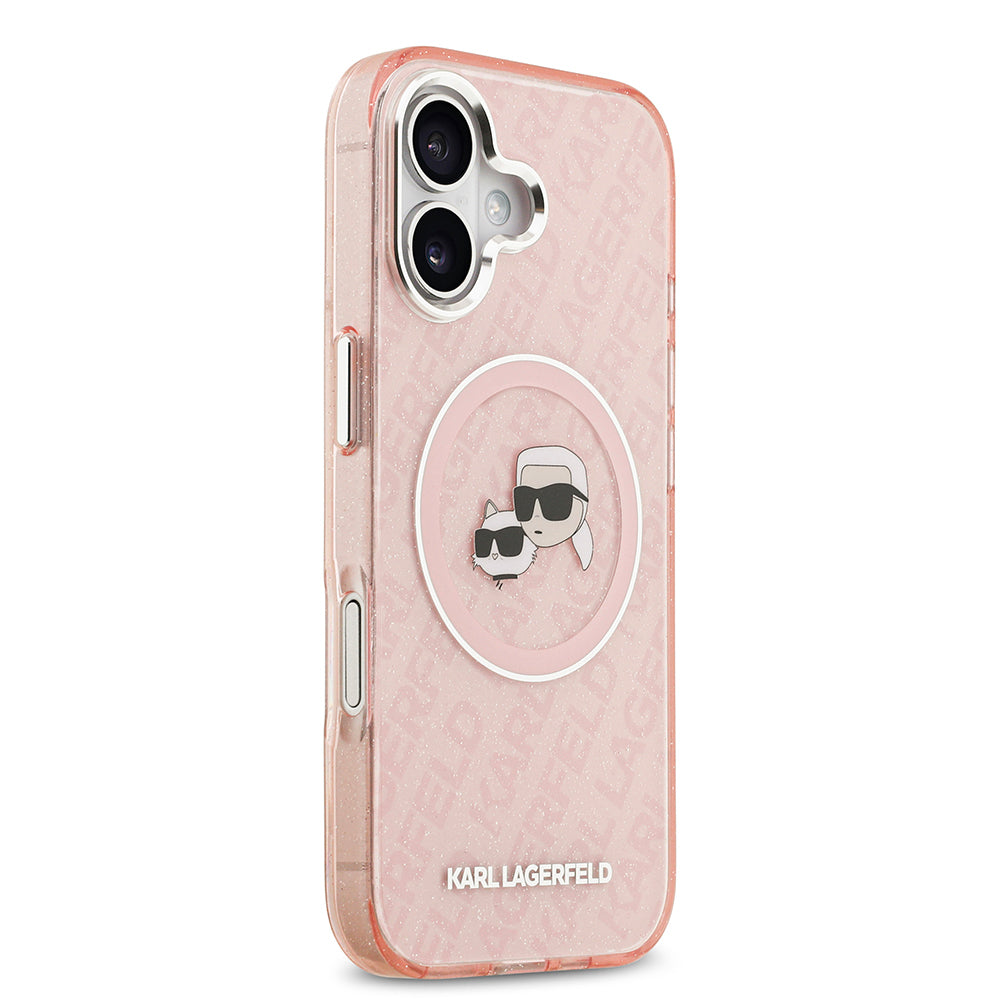 Apple iPhone 17 Kılıf Karl Lagerfeld Orjinal Lisanslı Parlayan Simli Karl & Choupette Heads Kapak Pembe