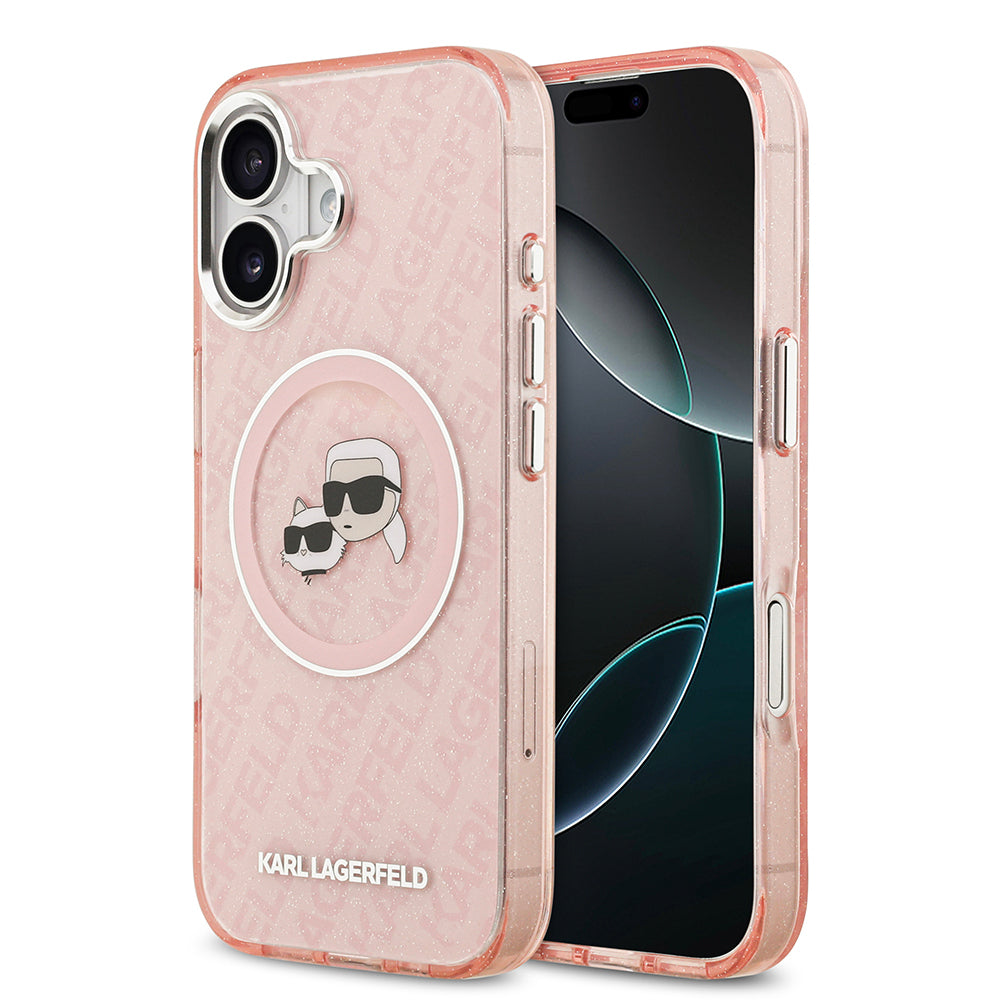 Apple iPhone 17 Kılıf Karl Lagerfeld Orjinal Lisanslı Parlayan Simli Karl & Choupette Heads Kapak Pembe