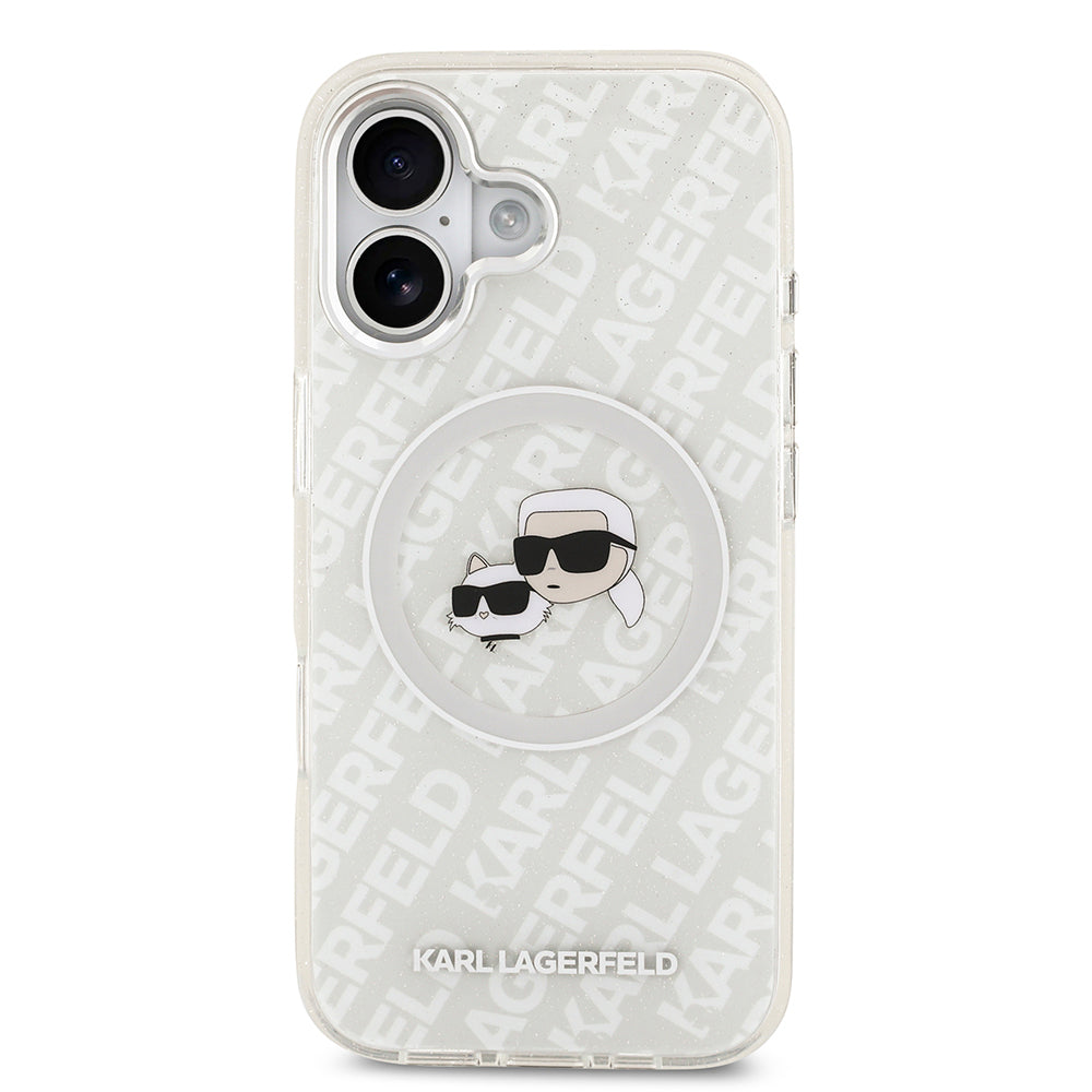 Apple iPhone 17 Kılıf Karl Lagerfeld Orjinal Lisanslı Parlayan Simli Karl & Choupette Heads Kapak Gri
