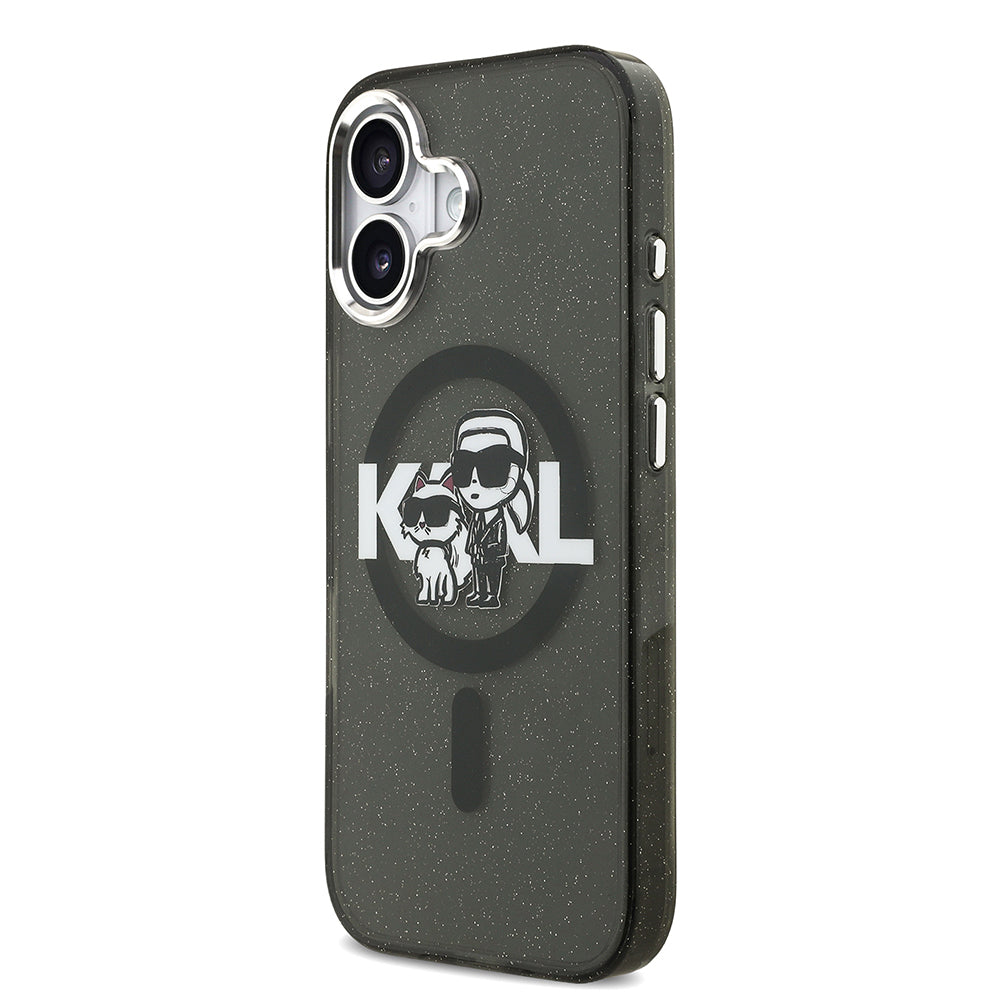 Apple iPhone 17 Kılıf Karl Lagerfeld Orjinal Lisanslı Parlayan Simli Karl & Choupette Sketch Logo Kapak Siyah