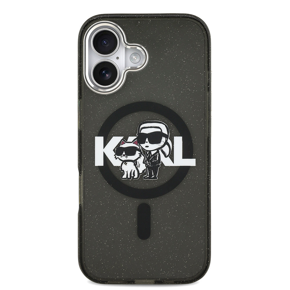 Apple iPhone 17 Kılıf Karl Lagerfeld Orjinal Lisanslı Parlayan Simli Karl & Choupette Sketch Logo Kapak Siyah
