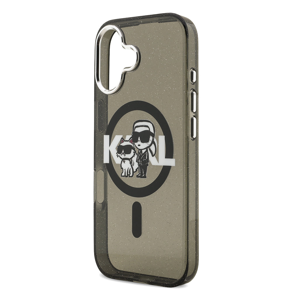 Apple iPhone 17 Kılıf Karl Lagerfeld Orjinal Lisanslı Parlayan Simli Karl & Choupette Sketch Logo Kapak Siyah