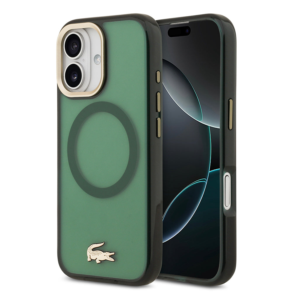 Apple iPhone 17 Kılıf Lacoste Orjinal Lisanslı M-safe Şarj Özellikli Gold Timsah Logolu Buzlu Kapak Yeşil