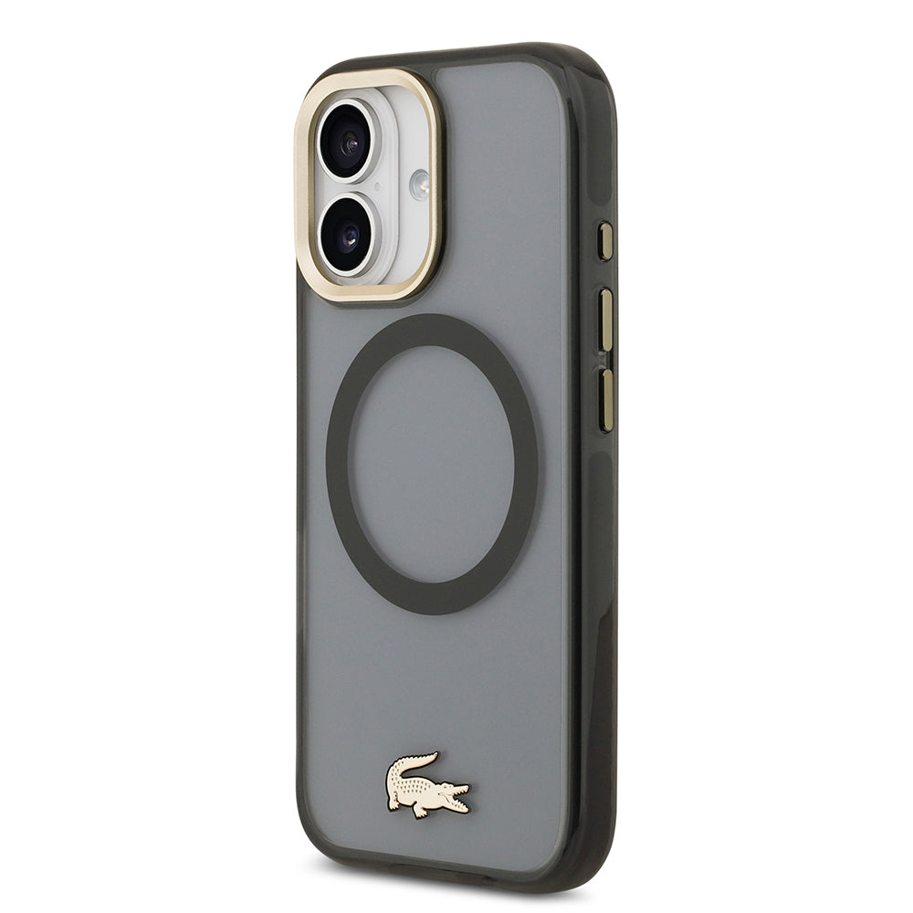 Apple iPhone 17 Kılıf Lacoste Orjinal Lisanslı M-safe Şarj Özellikli Gold Timsah Logolu Buzlu Kapak Siyah