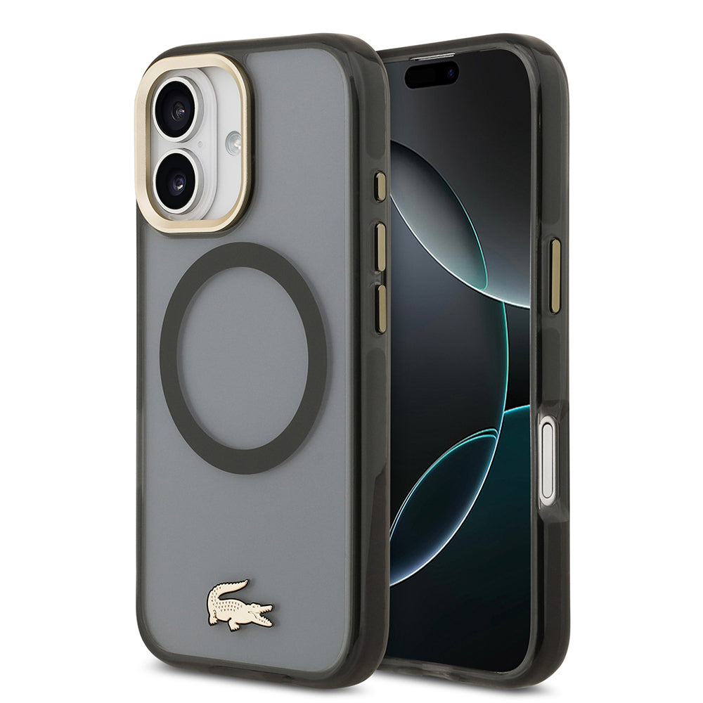 Apple iPhone 17 Kılıf Lacoste Orjinal Lisanslı M-safe Şarj Özellikli Gold Timsah Logolu Buzlu Kapak Siyah