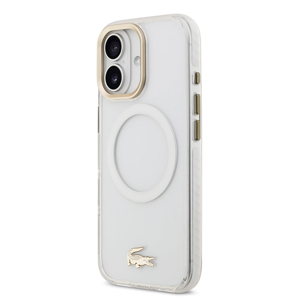 Apple iPhone 17 Kılıf Lacoste Orjinal Lisanslı M-safe Şarj Özellikli Gold Timsah Logolu Buzlu Kapak Beyaz