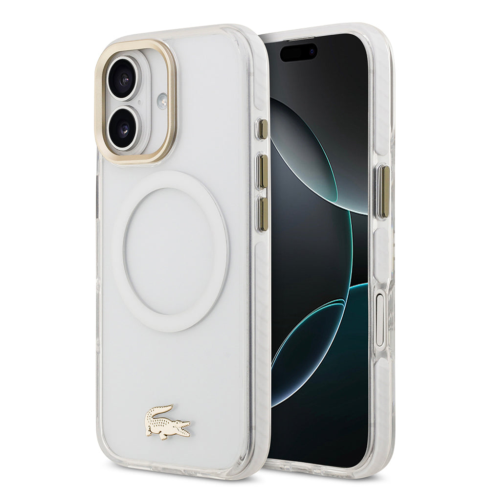Apple iPhone 17 Kılıf Lacoste Orjinal Lisanslı M-safe Şarj Özellikli Gold Timsah Logolu Buzlu Kapak Beyaz