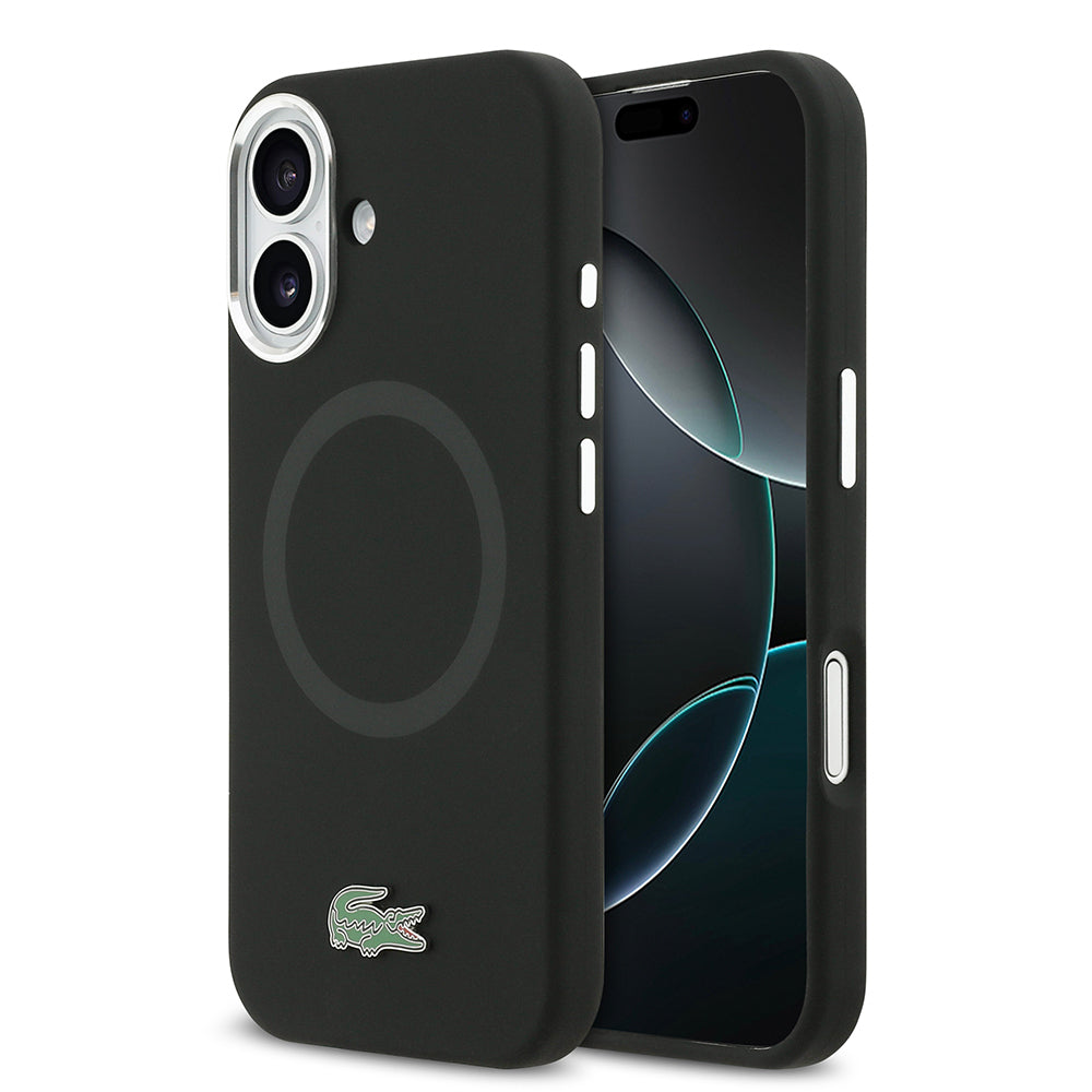 Apple iPhone 17 Kılıf Lacoste Orjinal Lisanslı M-safe Şarj Özellikli İkonik Logolu Metal Kamera Çerçeveli Silikon Kapak Siyah
