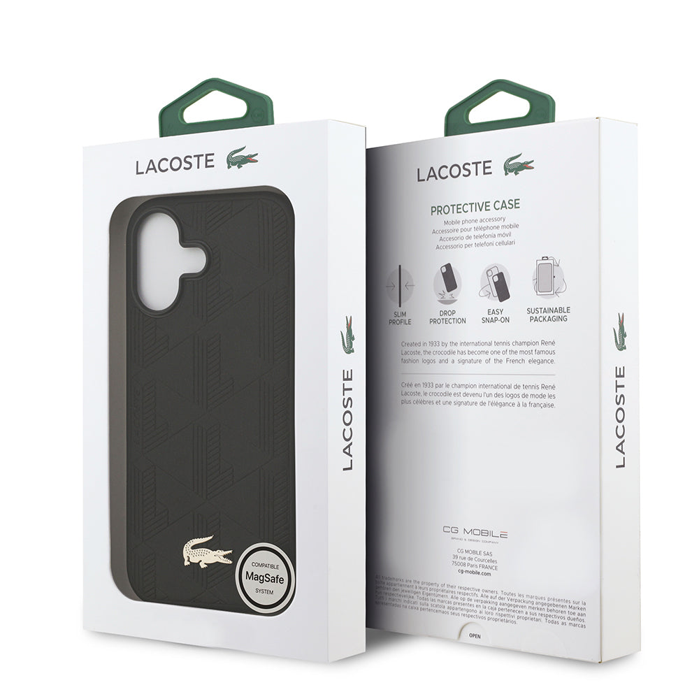 Apple iPhone 17 Kılıf Lacoste Orjinal Lisanslı M-safe Şarj Özellikli PU Deri Tasarımlı Karışık Monogram Desenli Kapak  Bej