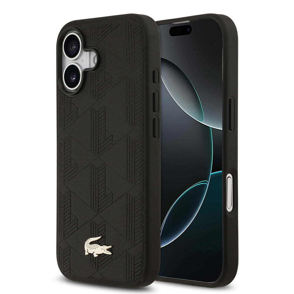 Apple iPhone 17 Kılıf Lacoste Orjinal Lisanslı M-safe Şarj Özellikli PU Deri Tasarımlı Karışık Monogram Desenli Kapak Siyah