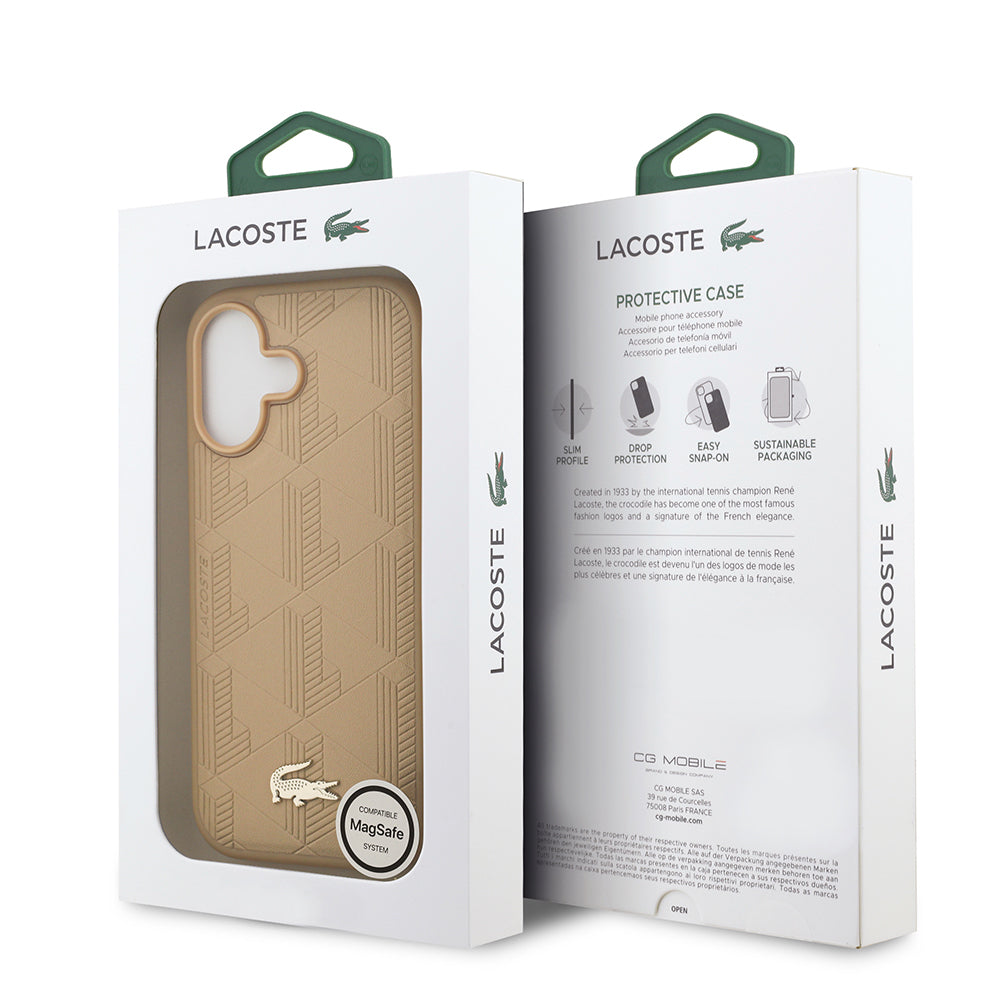 Apple iPhone 17 Kılıf Lacoste Orjinal Lisanslı M-safe Şarj Özellikli PU Deri Tasarımlı Karışık Monogram Desenli Kapak  Bej