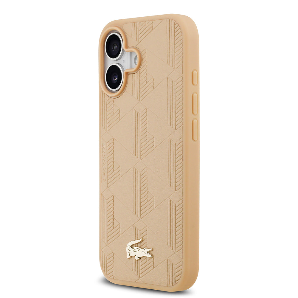 Apple iPhone 17 Kılıf Lacoste Orjinal Lisanslı M-safe Şarj Özellikli PU Deri Tasarımlı Karışık Monogram Desenli Kapak Bej