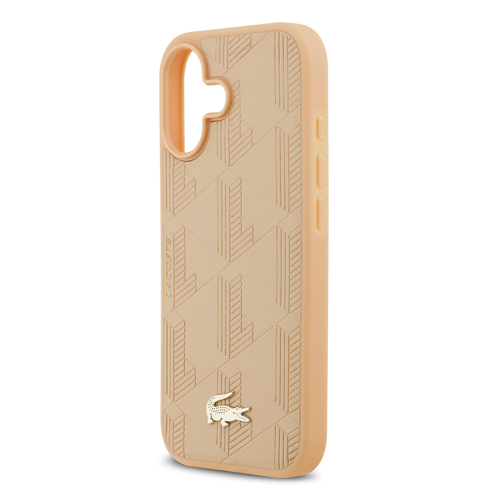 Apple iPhone 17 Kılıf Lacoste Orjinal Lisanslı M-safe Şarj Özellikli PU Deri Tasarımlı Karışık Monogram Desenli Kapak  Bej