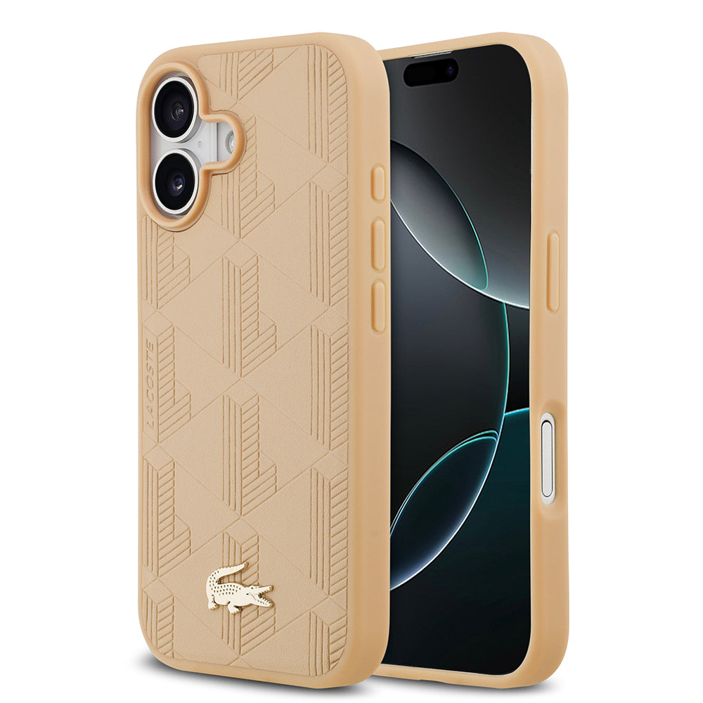 Apple iPhone 17 Kılıf Lacoste Orjinal Lisanslı M-safe Şarj Özellikli PU Deri Tasarımlı Karışık Monogram Desenli Kapak Bej