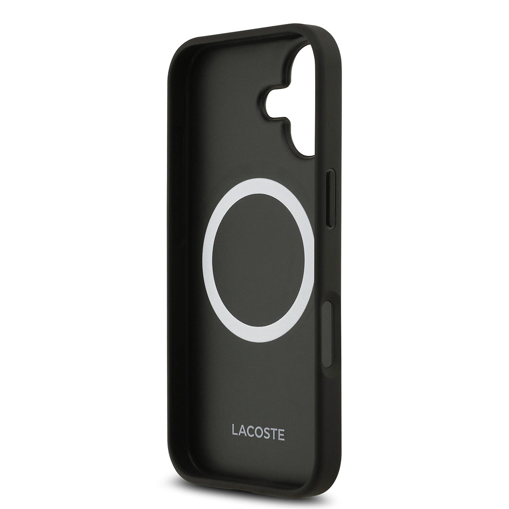 Apple iPhone 17 Kılıf Lacoste Orjinal Lisanslı M-safe Şarj Özellikli PU Deri Tasarımlı Kartlıklı Karışık Monogram Desenli Kapak Siyah