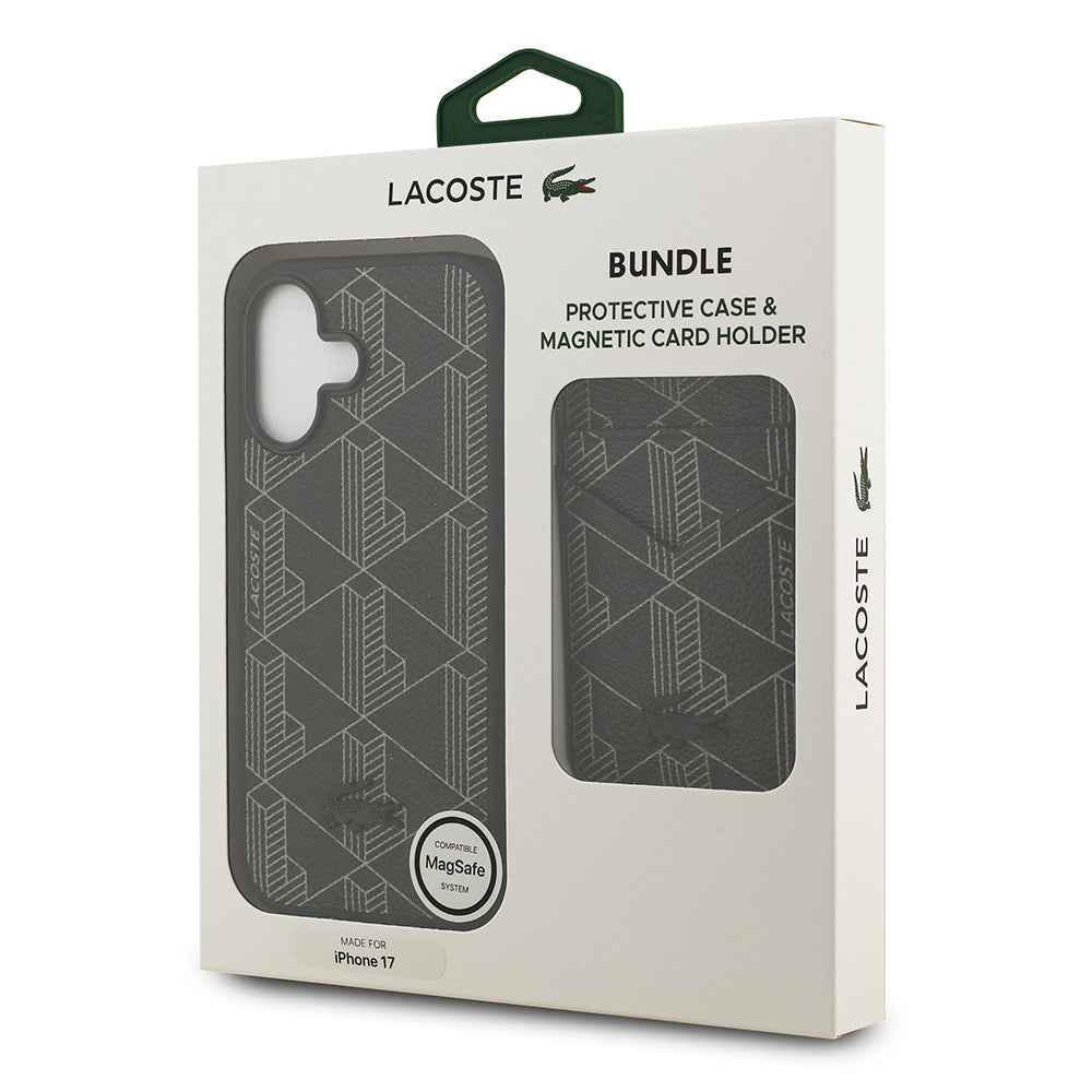 Apple iPhone 17 Kılıf Lacoste Orjinal Lisanslı M-safe Şarj Özellikli PU Deri Tasarımlı Kartlıklı Karışık Monogram Desenli Kapak Siyah